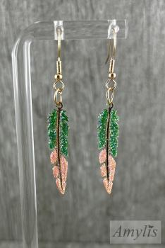 Preview: Glitzer Feder Ohrhänger Grün Pfirsich